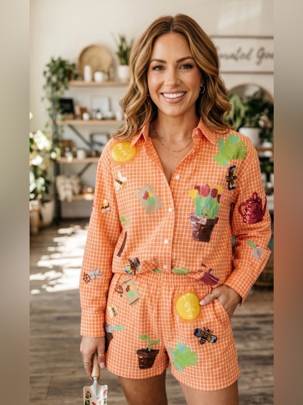 New! QUEEN OF SPARKLES Orange Gingham Sequin Gardening Top & Shorts Set